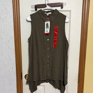 Fever Sleeveless Collared Hi-Low Tunic Top - Olive Green